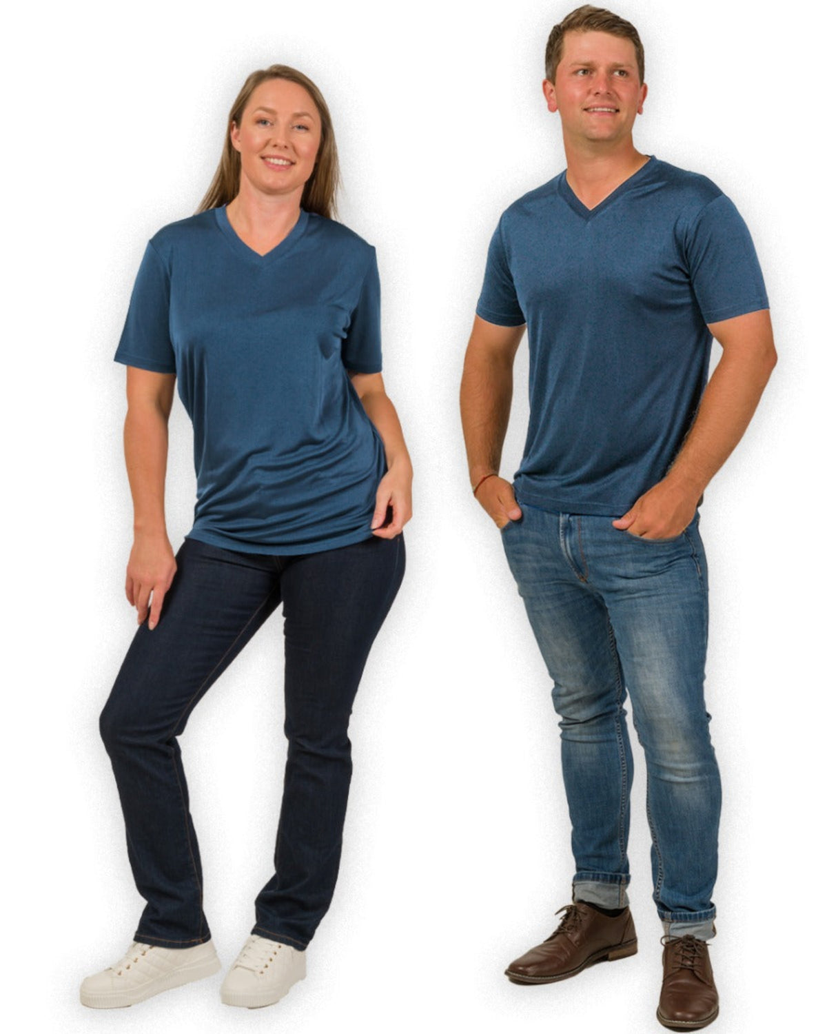 men and women silk people wearing matching blue t-shirts and jeans on a white background