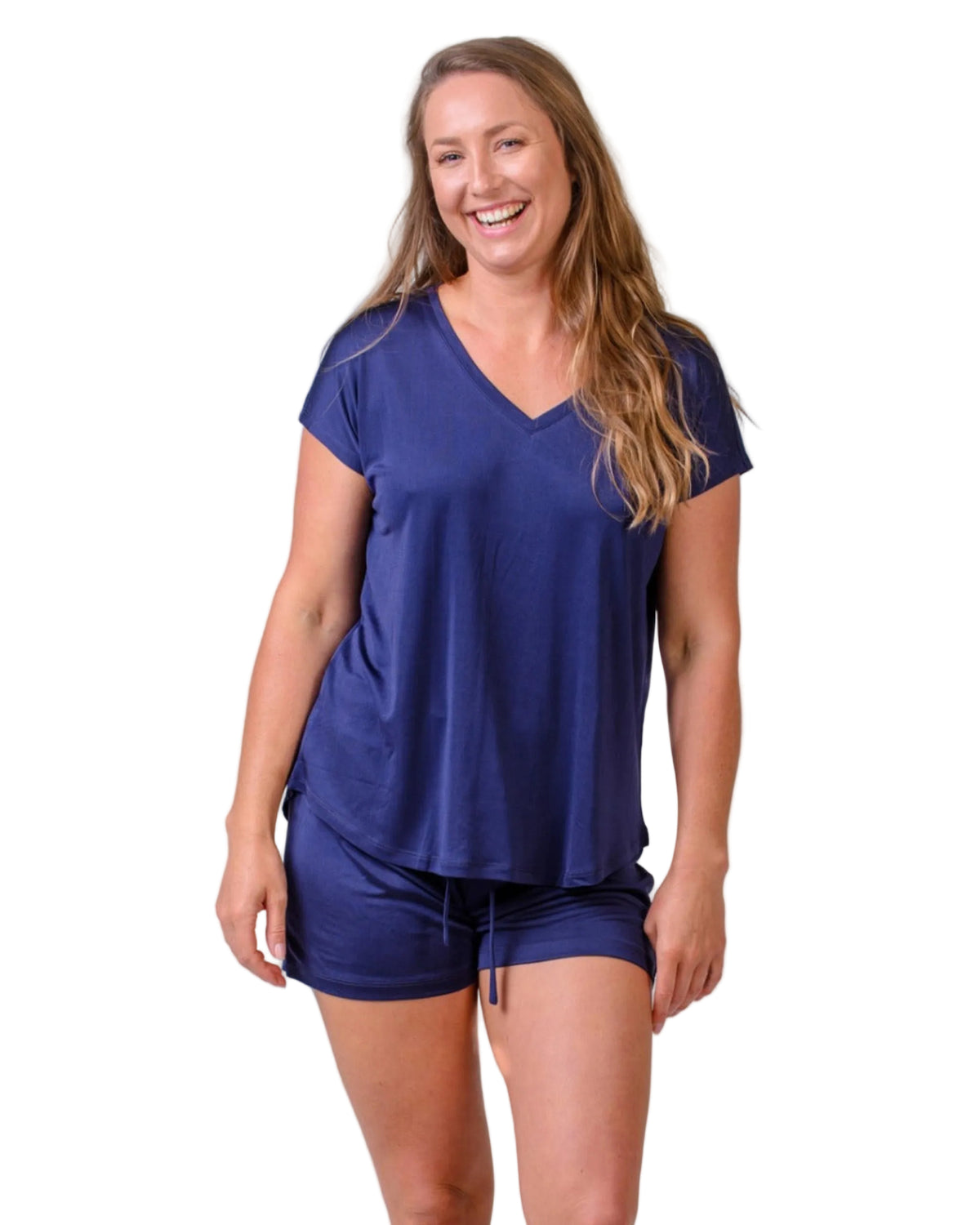Woman wearing a silk blue shortiesd