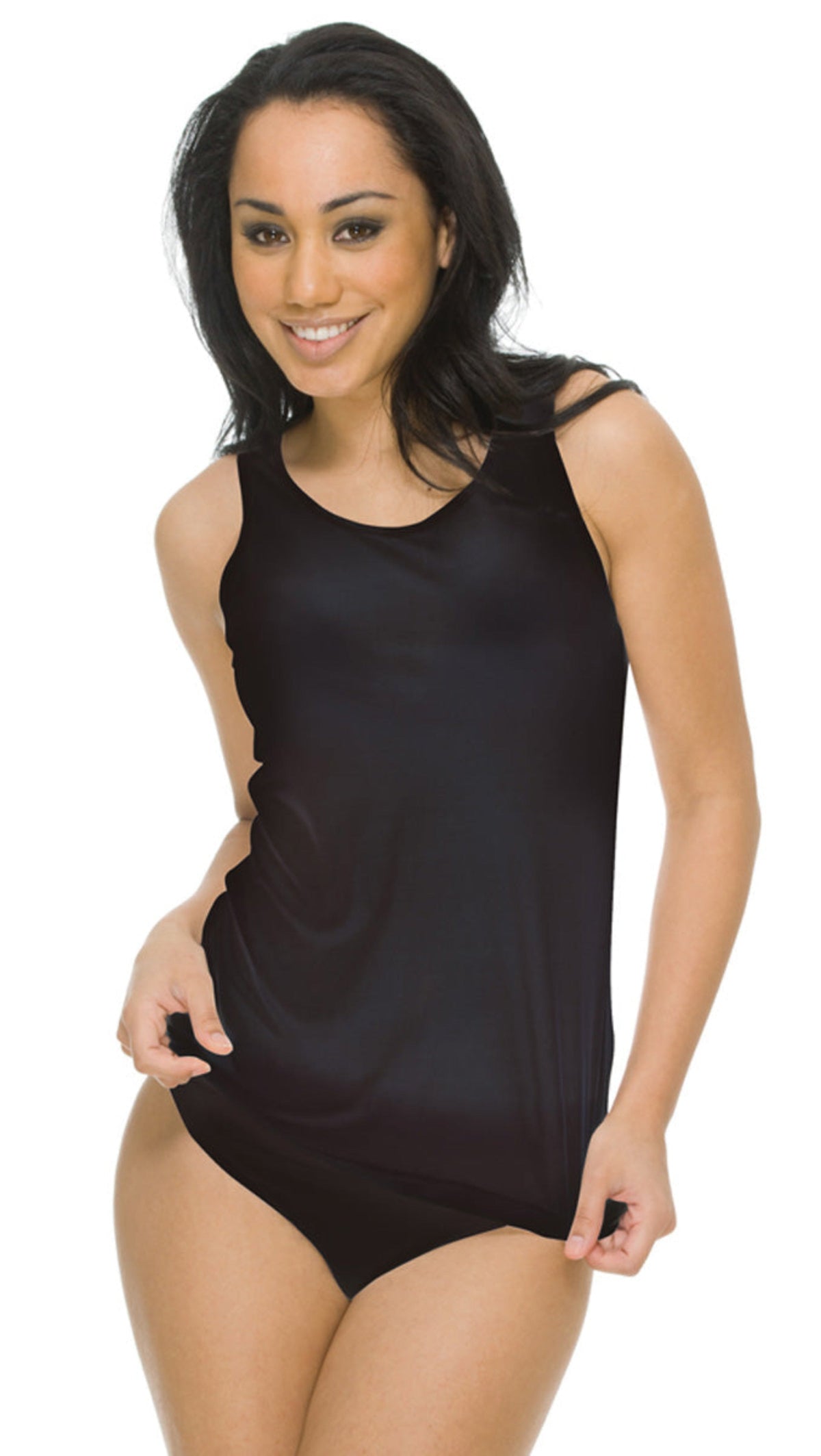 Woman wearing a black silk classic camisole and shorts on a white background