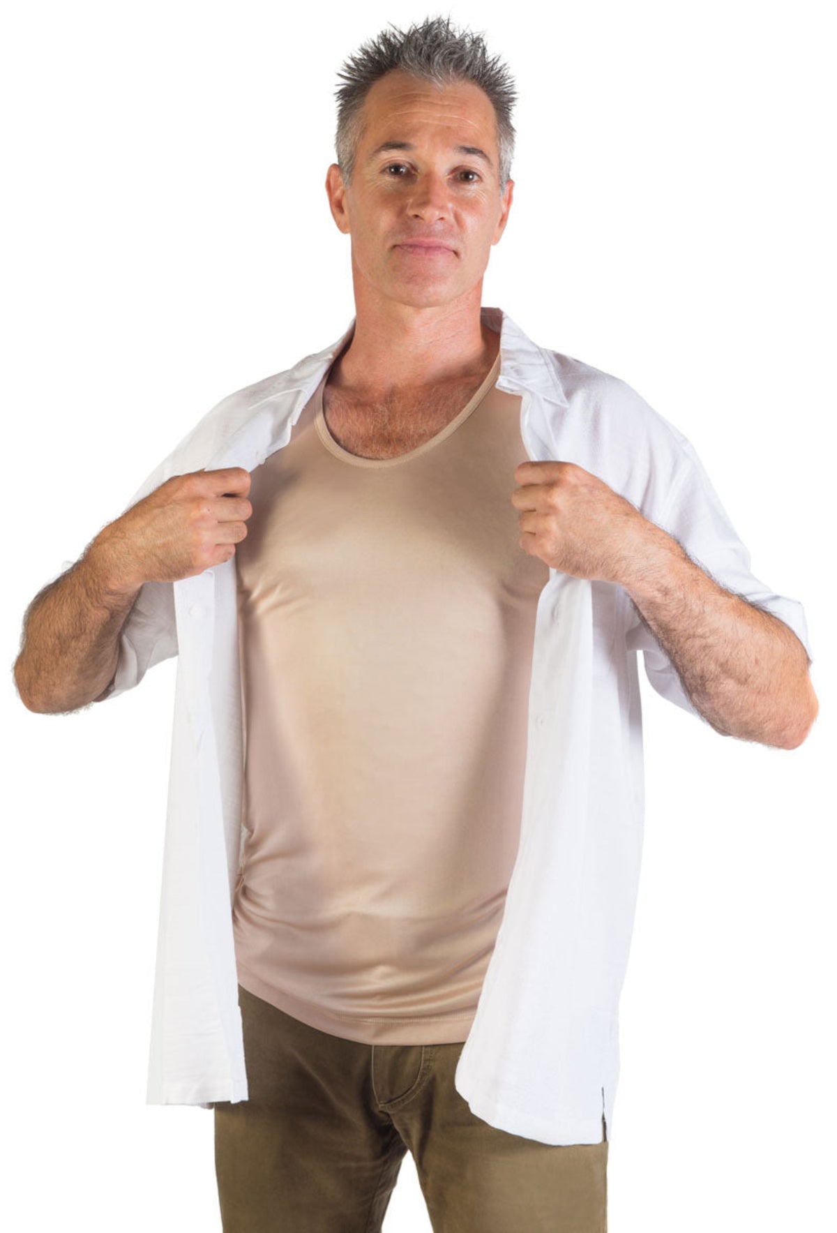 Man wearing a white shirt over a silk latte singlet