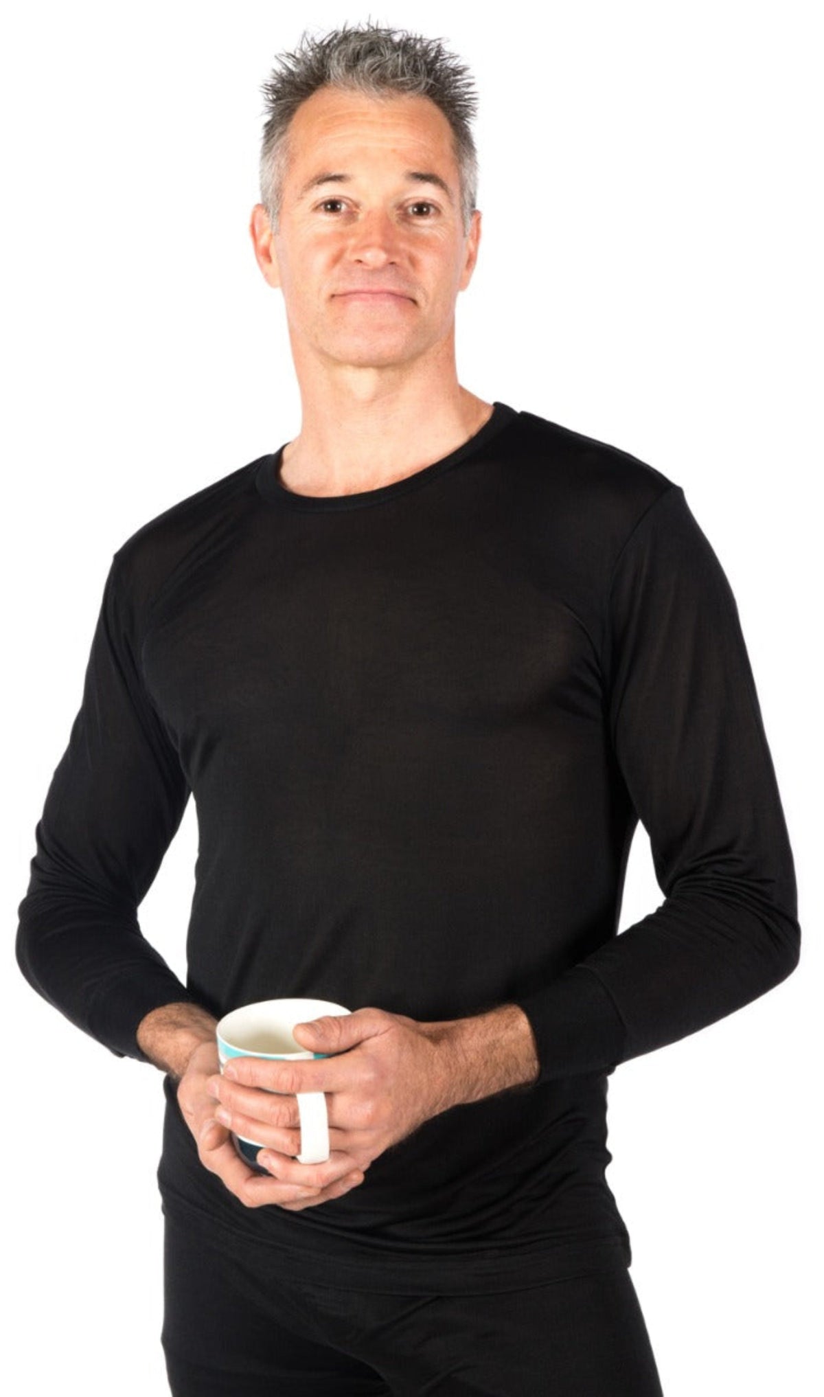 Man wearing a silk black long-sleeve thermal underwear