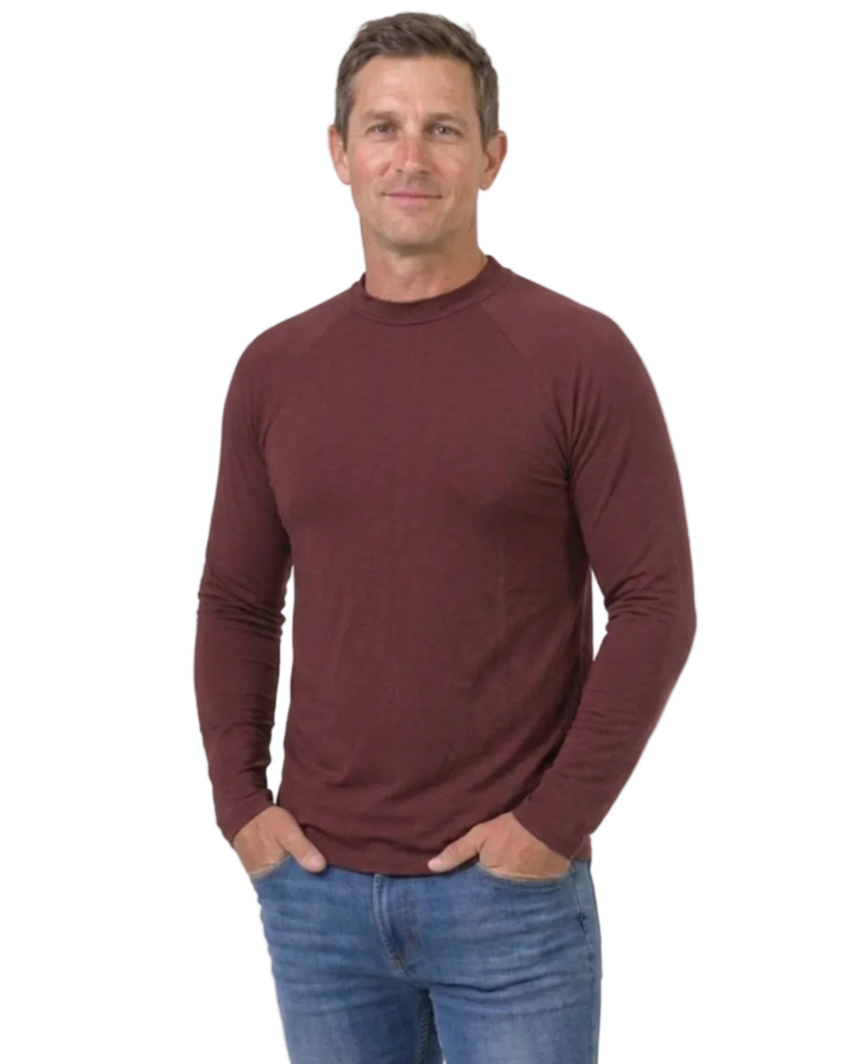 Bamboo Man wearing a maroon long-sleeve shirt and blue jeans against a white background