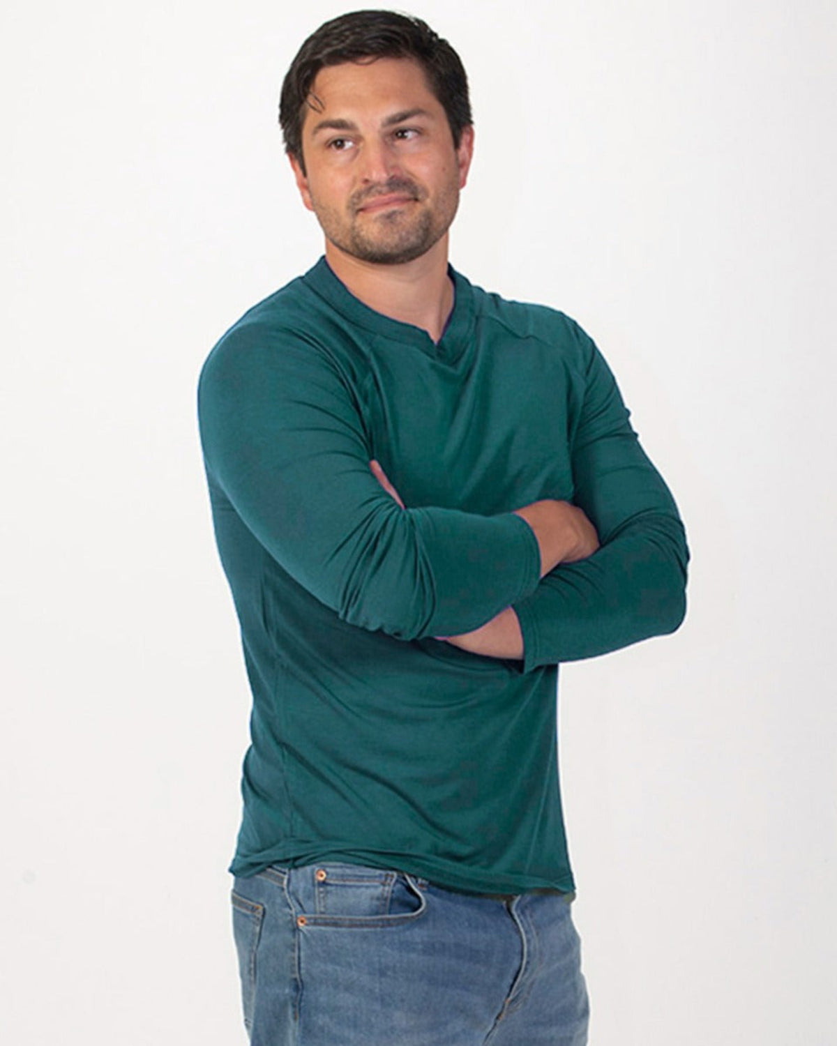 Bamboo Man wearing a green long-sleeve shirt and blue jeans on a white background