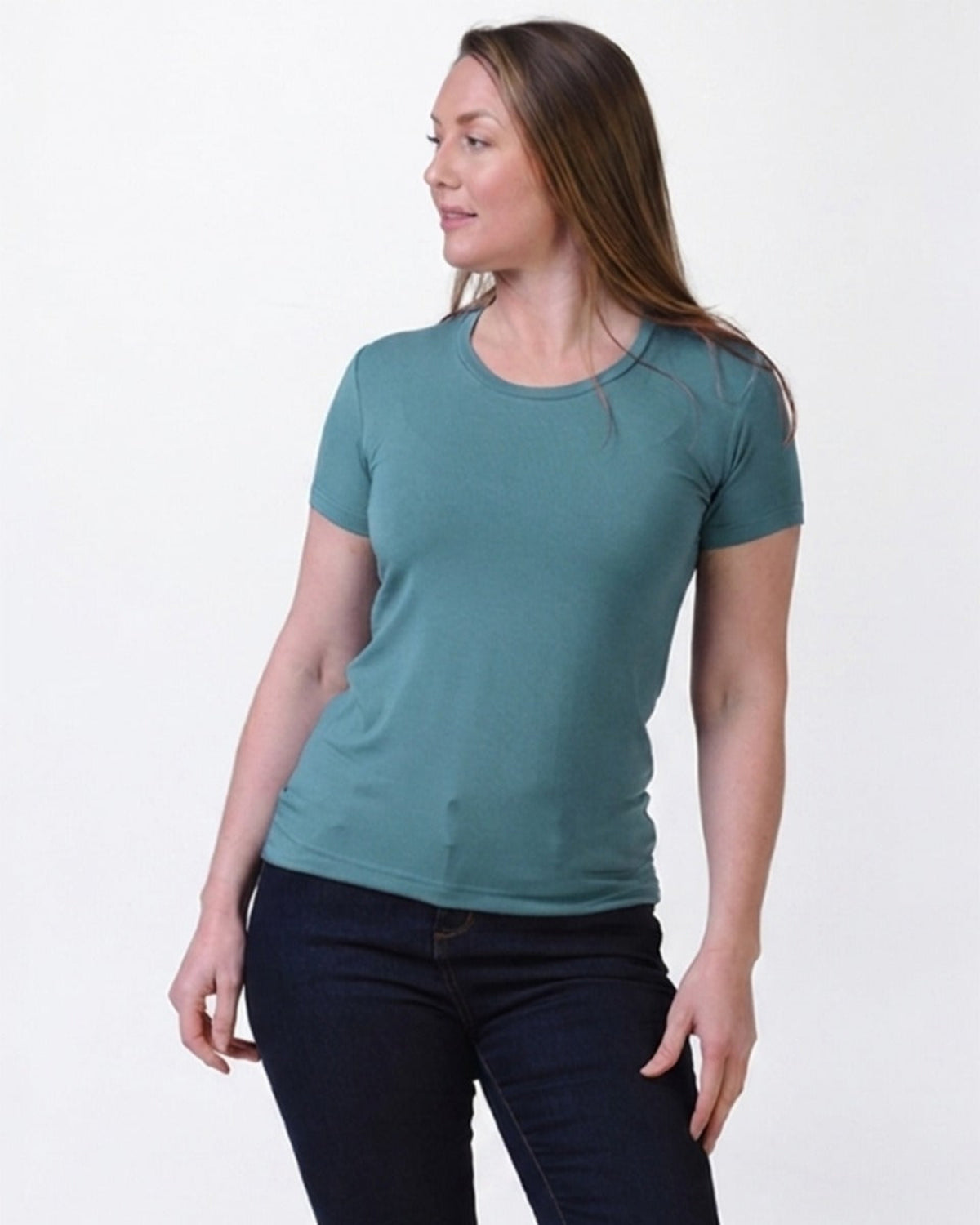 Woman wearing a teal bamboo t-shirt against a white background