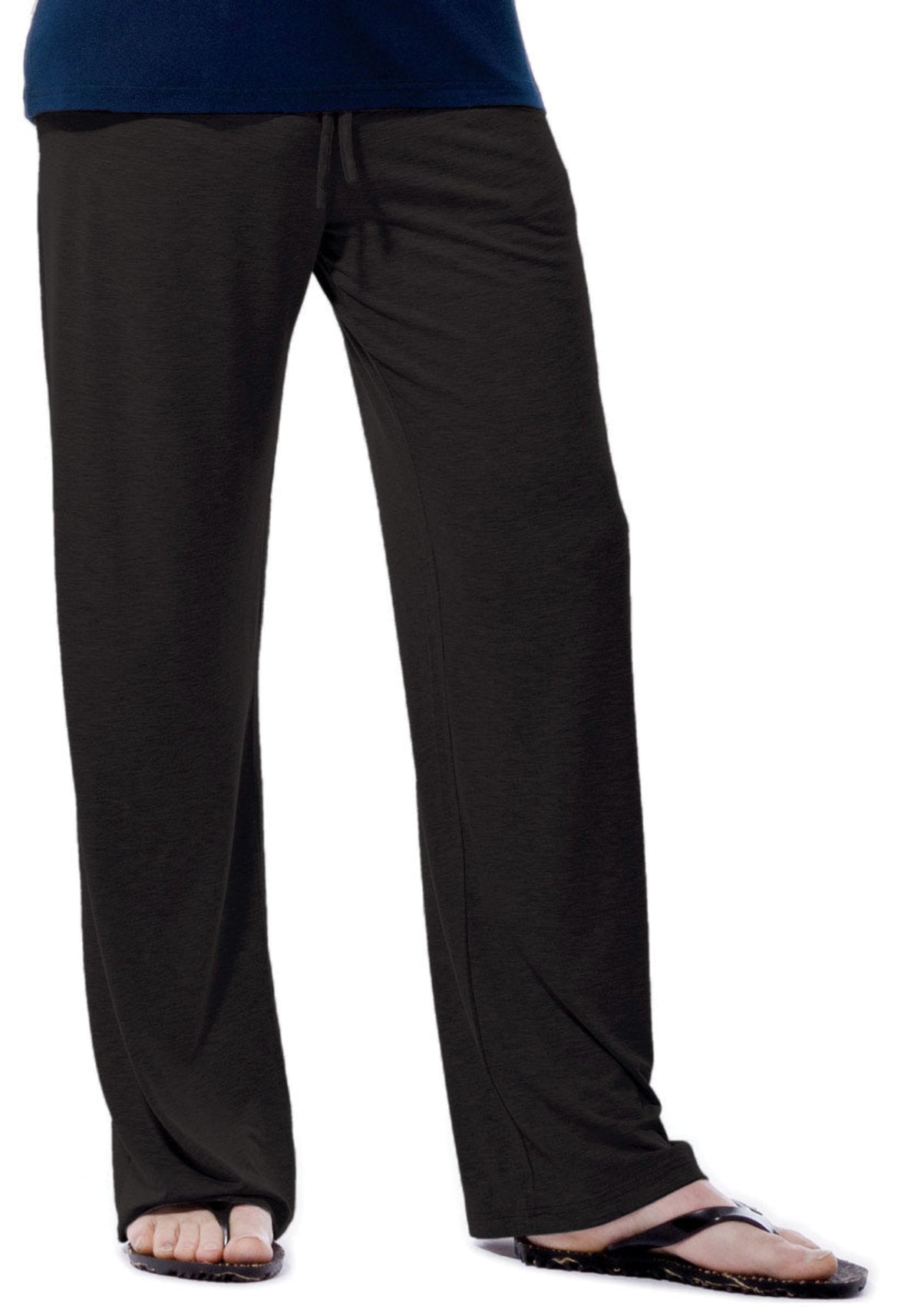 bamboo Black pants worn by a person on a white background
