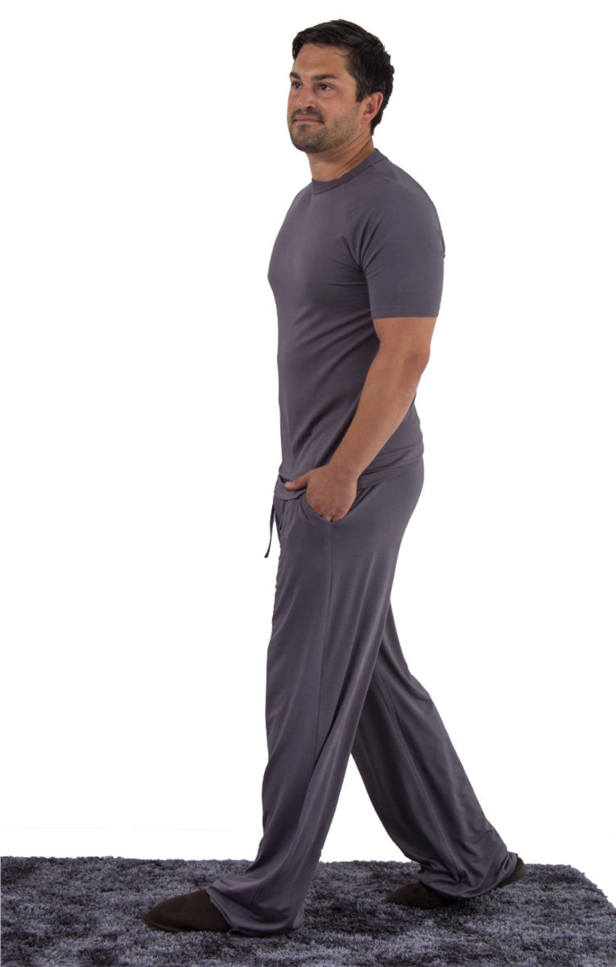 Man bamboo leisure wearing a gray t-shirt and pants on a white background