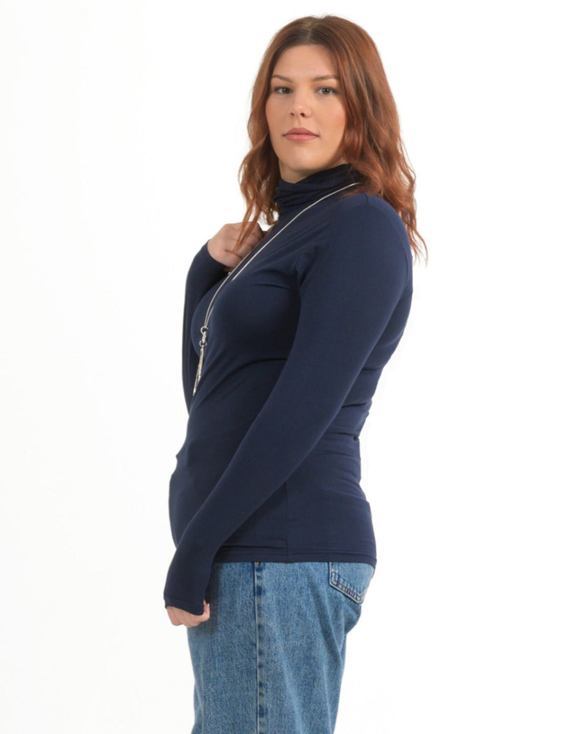 Bamboo Woman wearing a navy blue long-sleeve top with a zipper on a white background