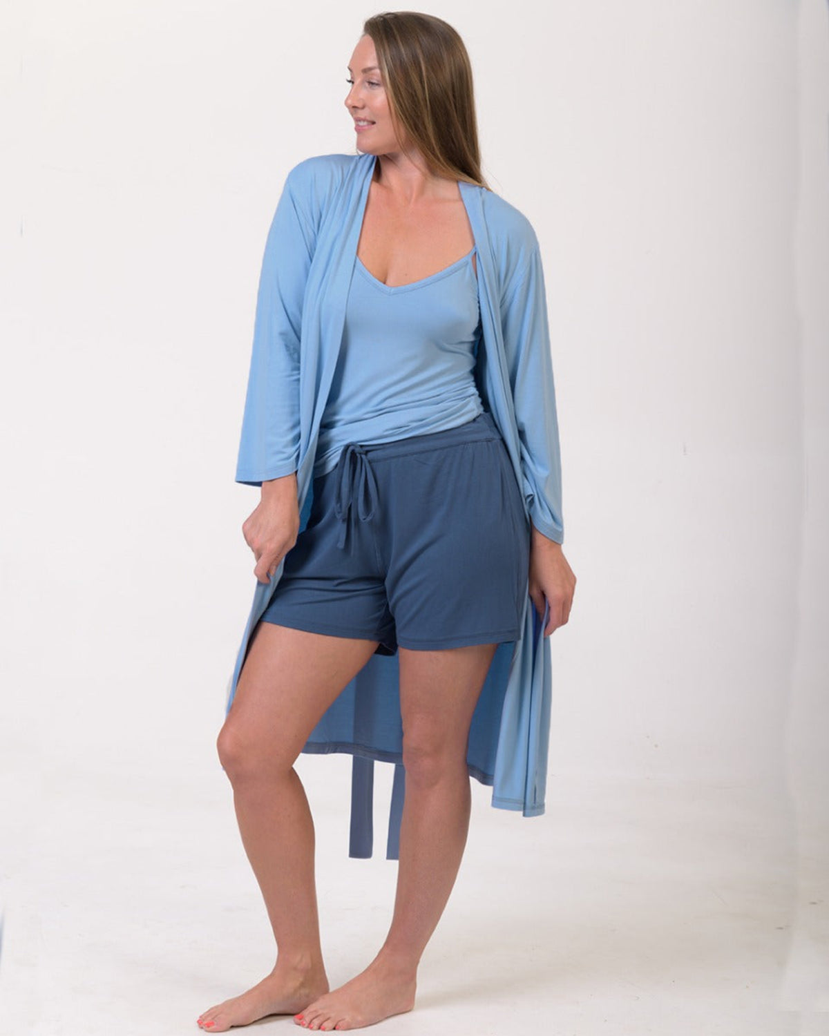 Woman wearing bamboo shortie pajama bottoms