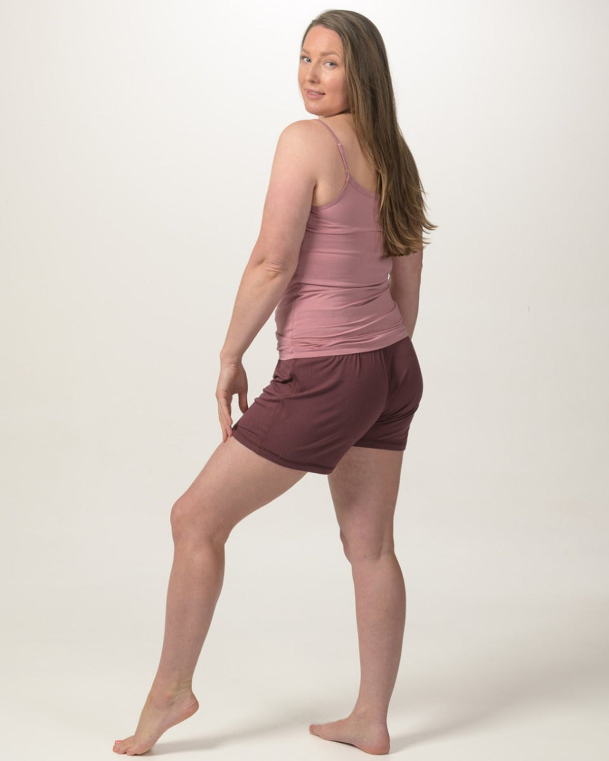 Woman wearing bamboo shortie pajama bottoms