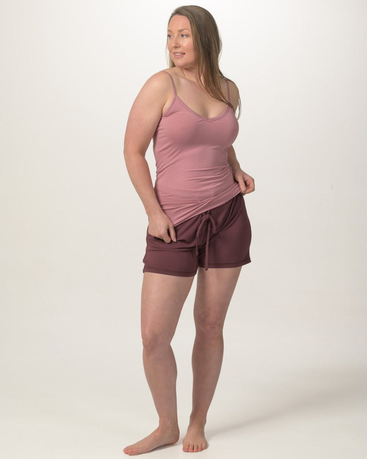 Woman wearing a shortie bamboo pj bottoms