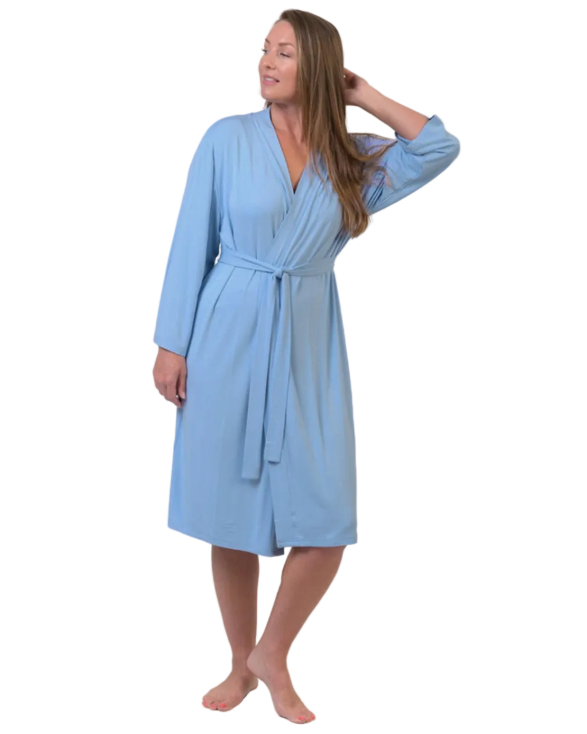Woman wearing a light blue bamboo knee length robe 