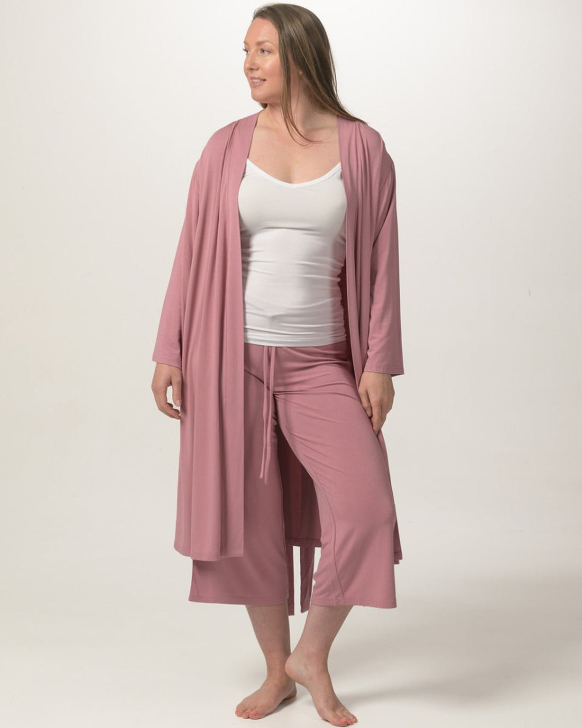 Woman wearing a  bamboo knee length robe 