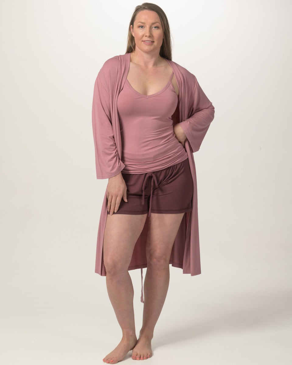 Woman wearing a  bamboo knee length robe 