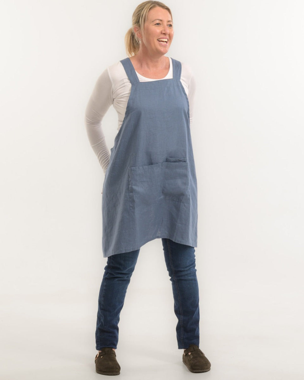 100% Hemp cross-back apron in blue.