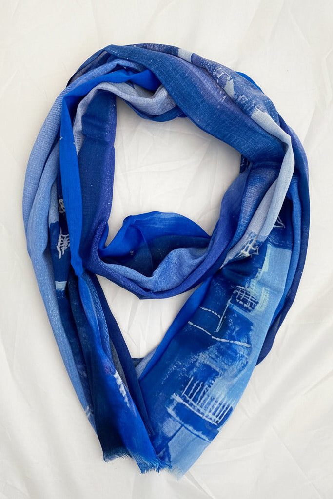 Blue patterned scarf on a white background