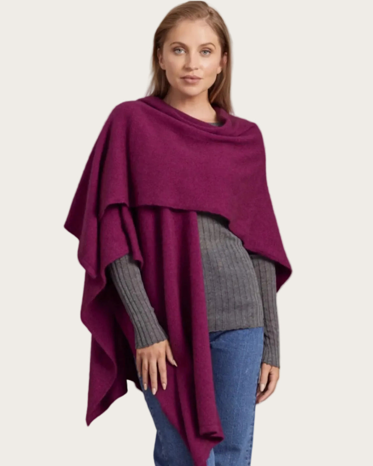 Woman wearing mulberry Possum Merino split wrap  