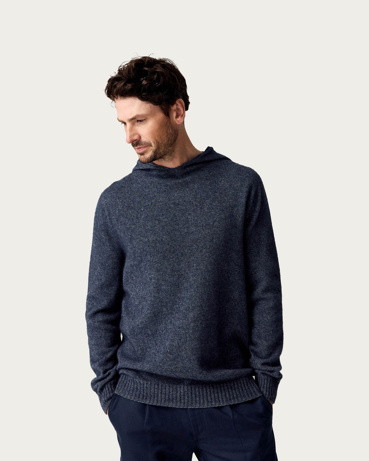 Men's possum merino hoodie sweater in river blue colour.