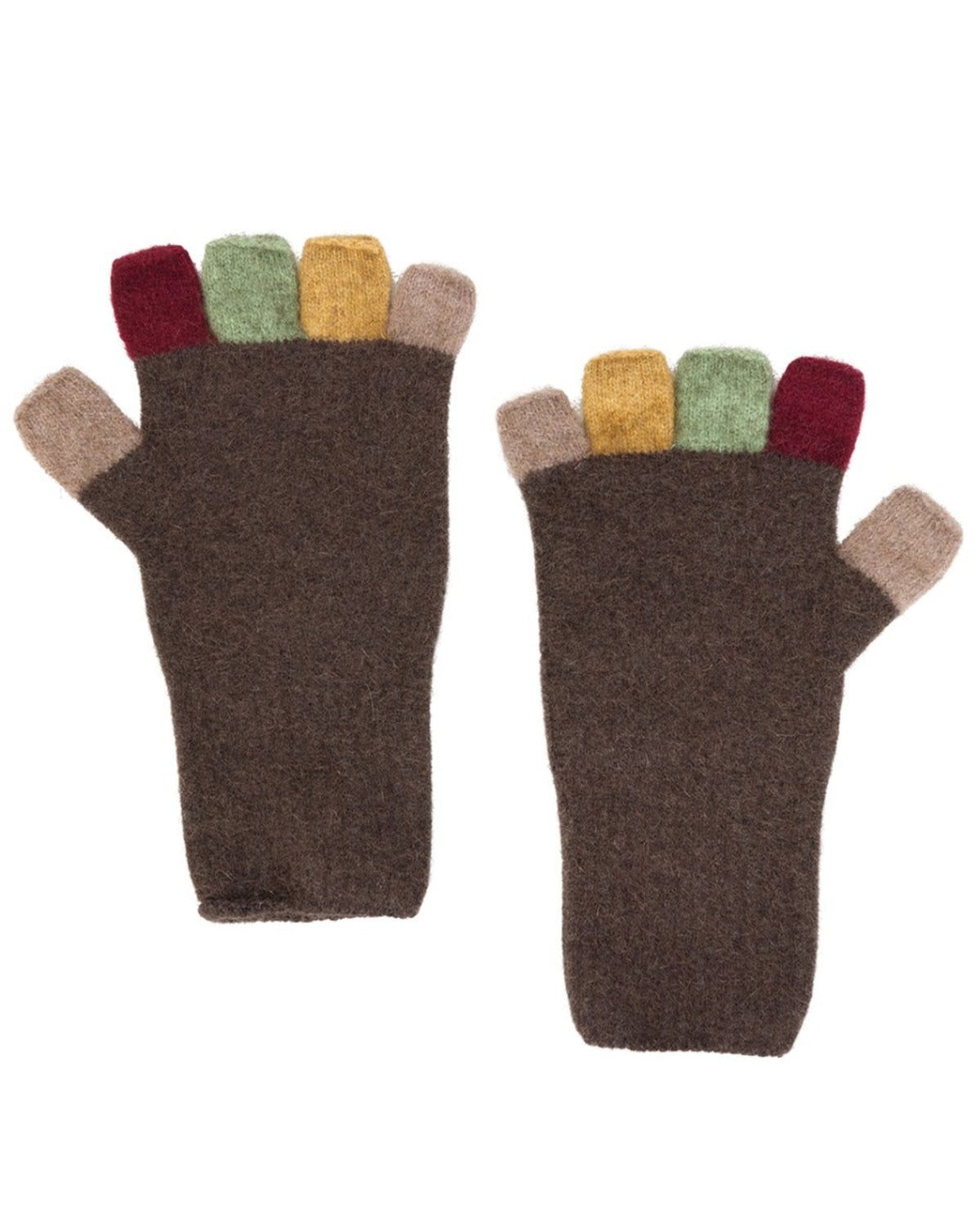 Pair of brown fingerless gloves with multicolored tips on a white background