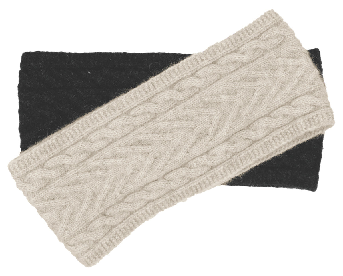 possum merino Beige knitted headband on a black background