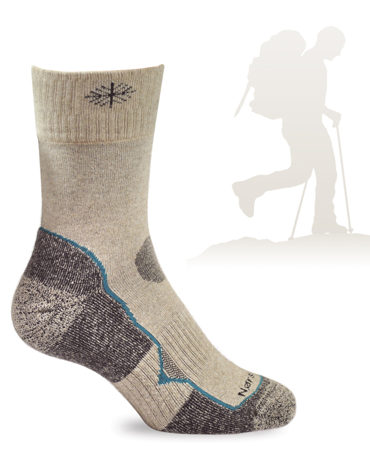 A single knit possum Merino hiking sock shown on a white background with a faint hiker silhouette in the upper right. The sock is heathered beige and dark gray with blue trim and a small black snowflake logo near the cuff.