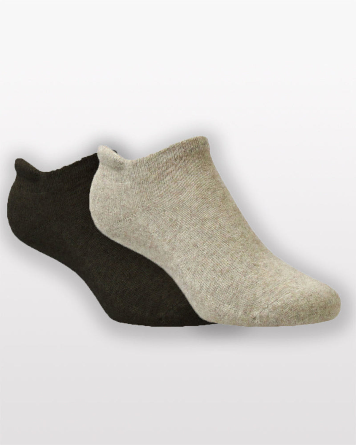 Possum Merino Two socks, one black and one beige, on a light gray background