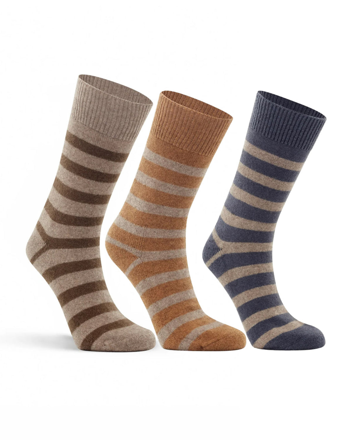 Three pairs of striped Possum Merino crew socks displayed side-by-side on a clean white background. The left pair is beige and brown, the middle pair is tan and gray, and the right pair is navy and beige.