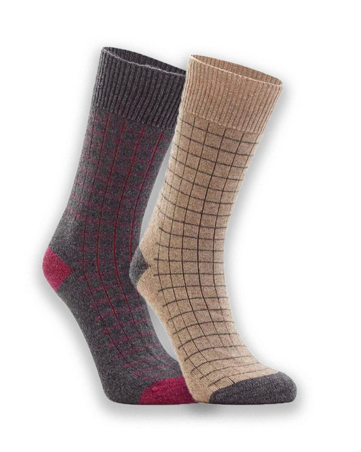 possum merino Two pairs of patterned socks, one gray with red accents and one beige with a grid pattern, on a white background.