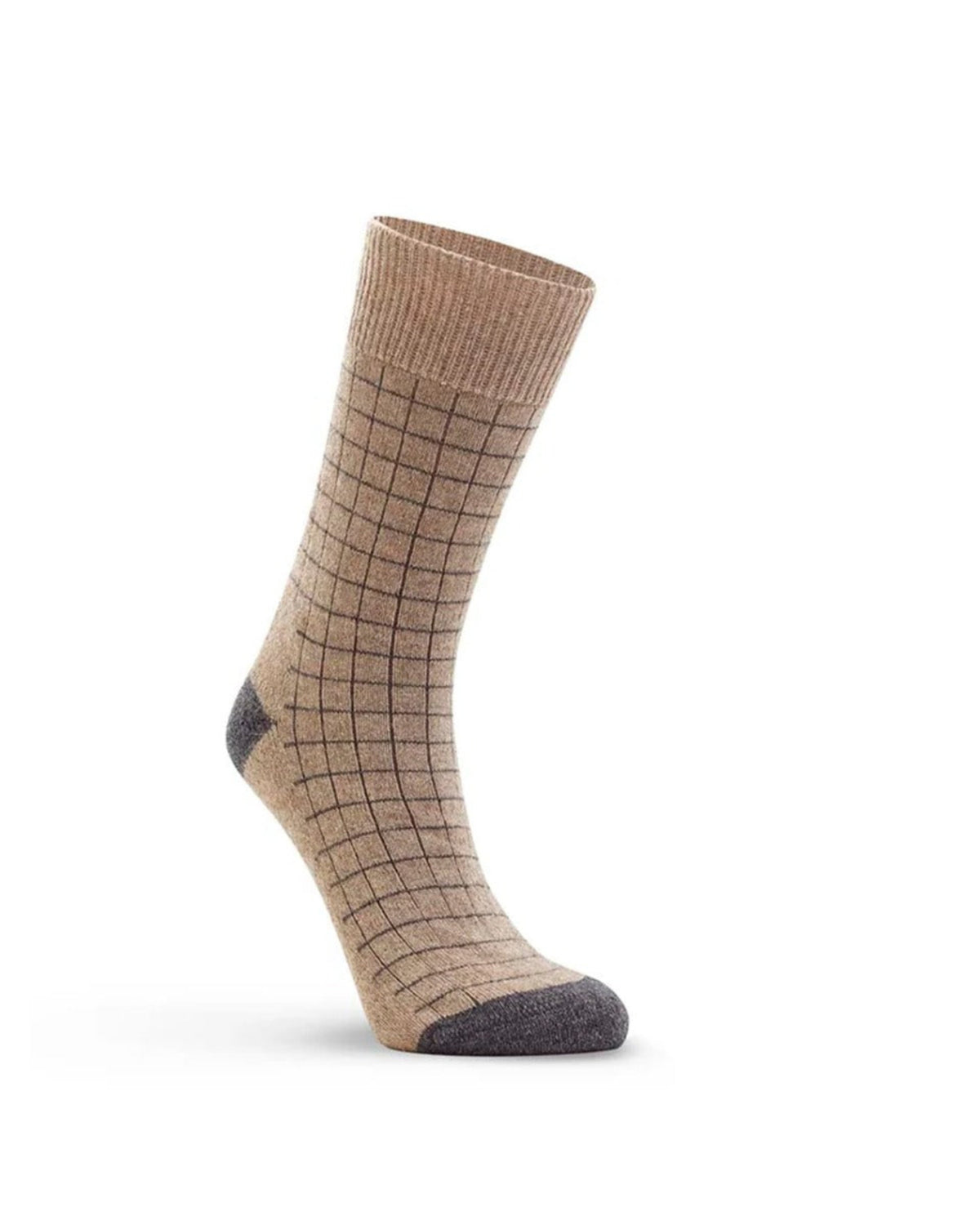 possum merino Beige sock with grid pattern on a white background