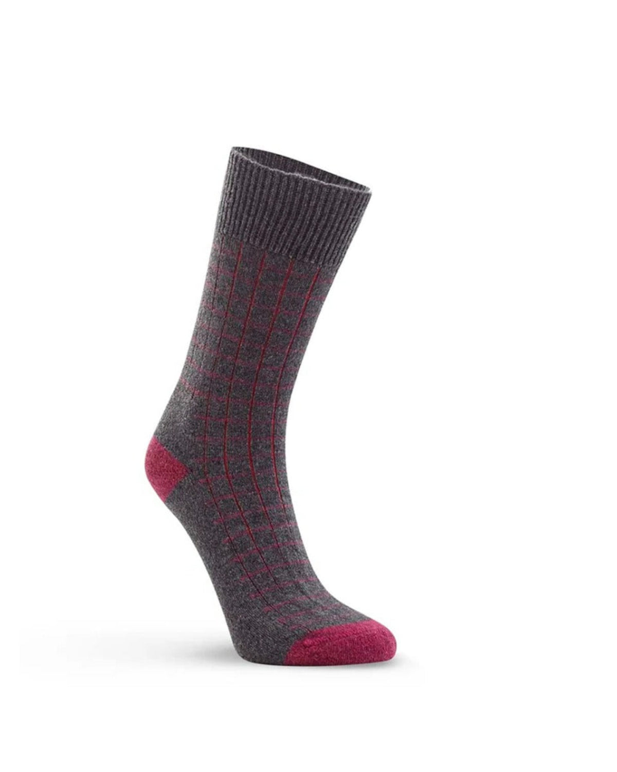 possum merino Gray sock with red accents on a white background