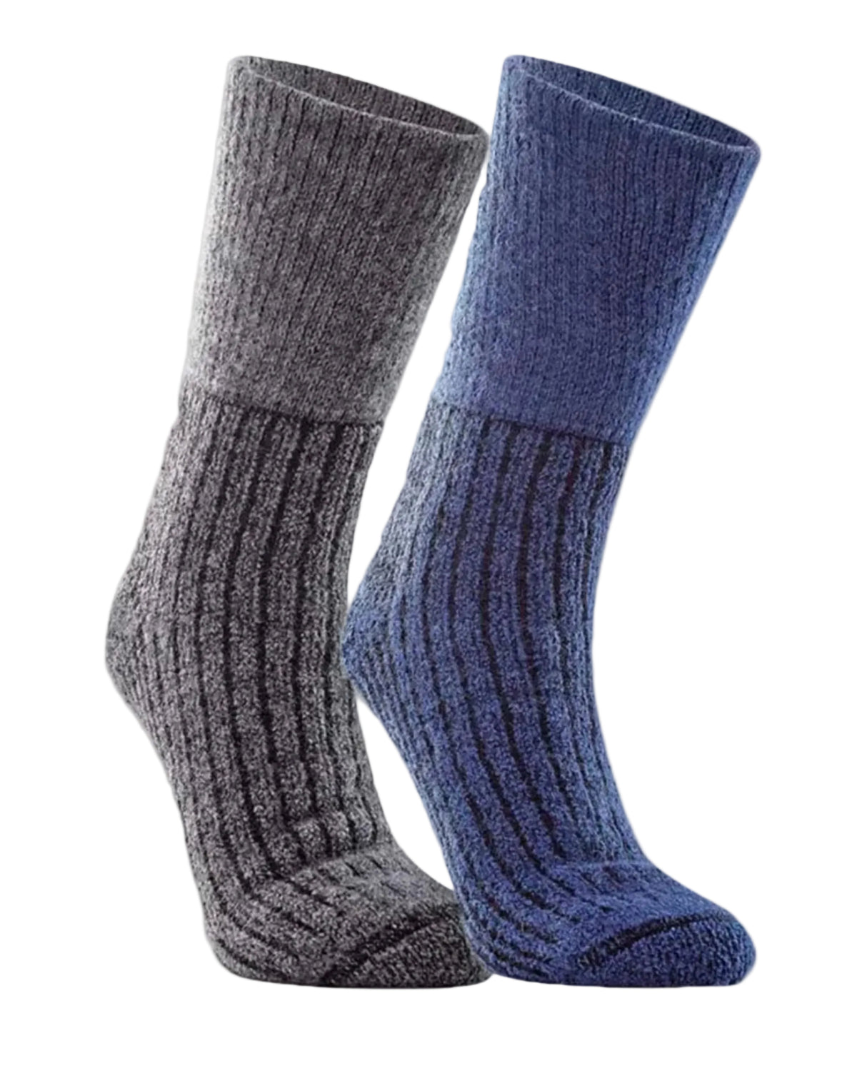 Two pairs of possum merino socks, one gray and one blue, on a light gray background.