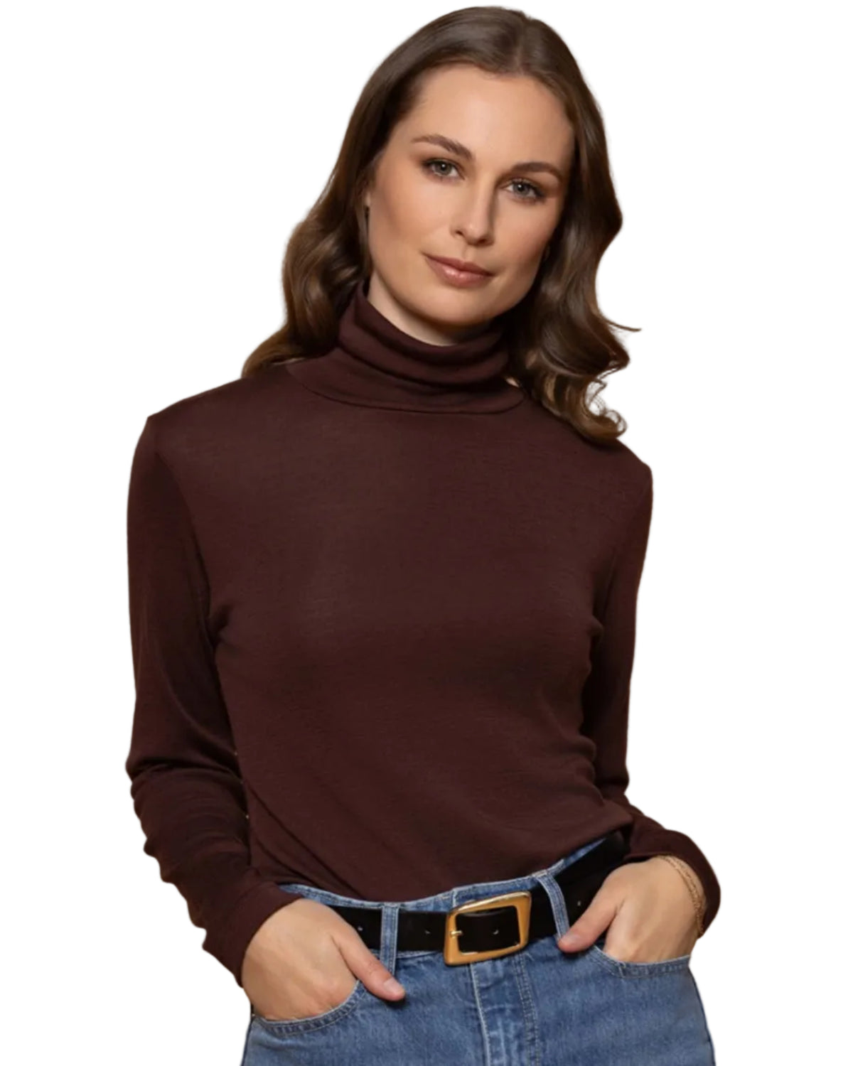 Woman wearing a teal turtleneck sweater on a white background