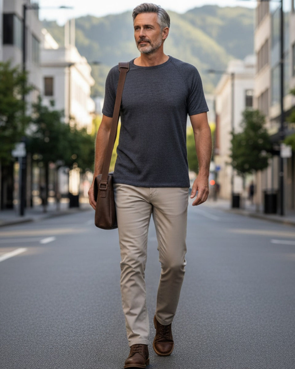 Man walking on a street wearing a merino dark t-shirt, beige pants, and brown shoes with a brown bag.