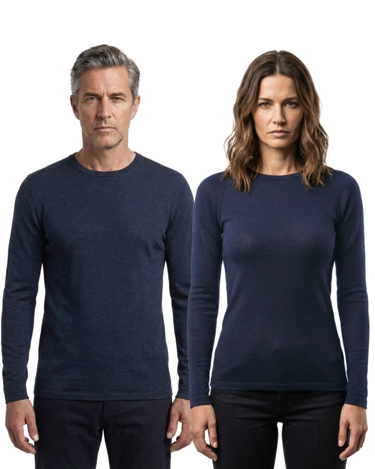 Acrux Superfine Merino Long Sleeve T-Shirt Two people wearing navy long-sleeve shirts on a white background