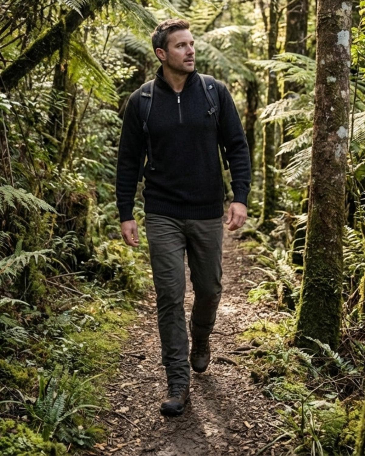 Man hiking through a forest wearing a  merino black jacket and green pants.