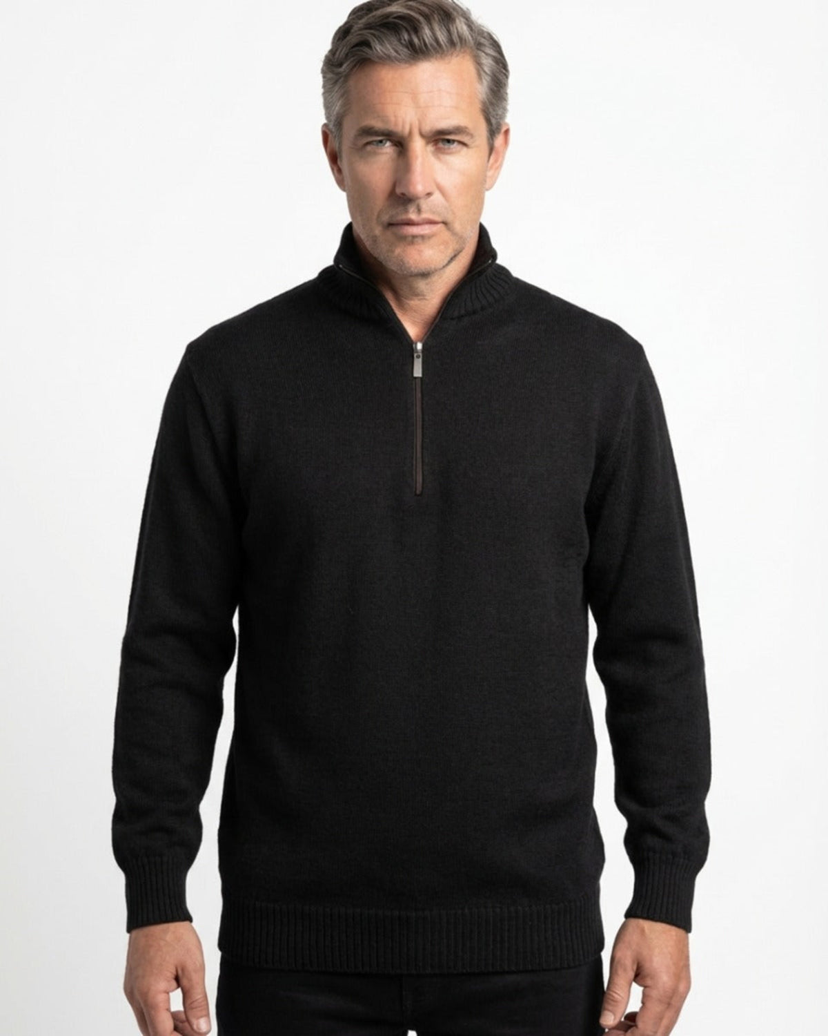 Man wearing a merino black quarter-zip sweater on a white background