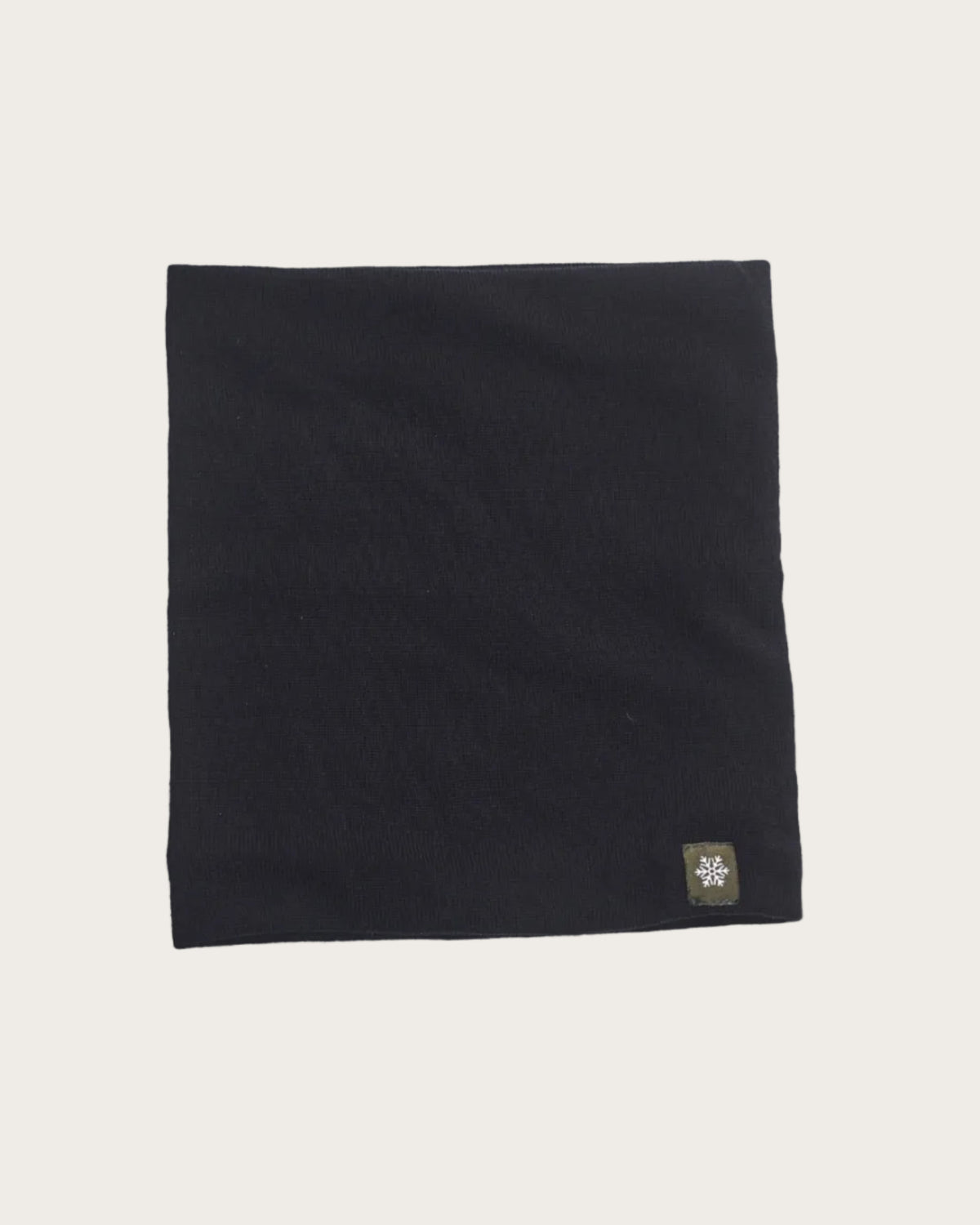 A black textured fabric neck gaiter or balaclava with a small brown brand patch in the bottom right corner, displayed flat on a white background.