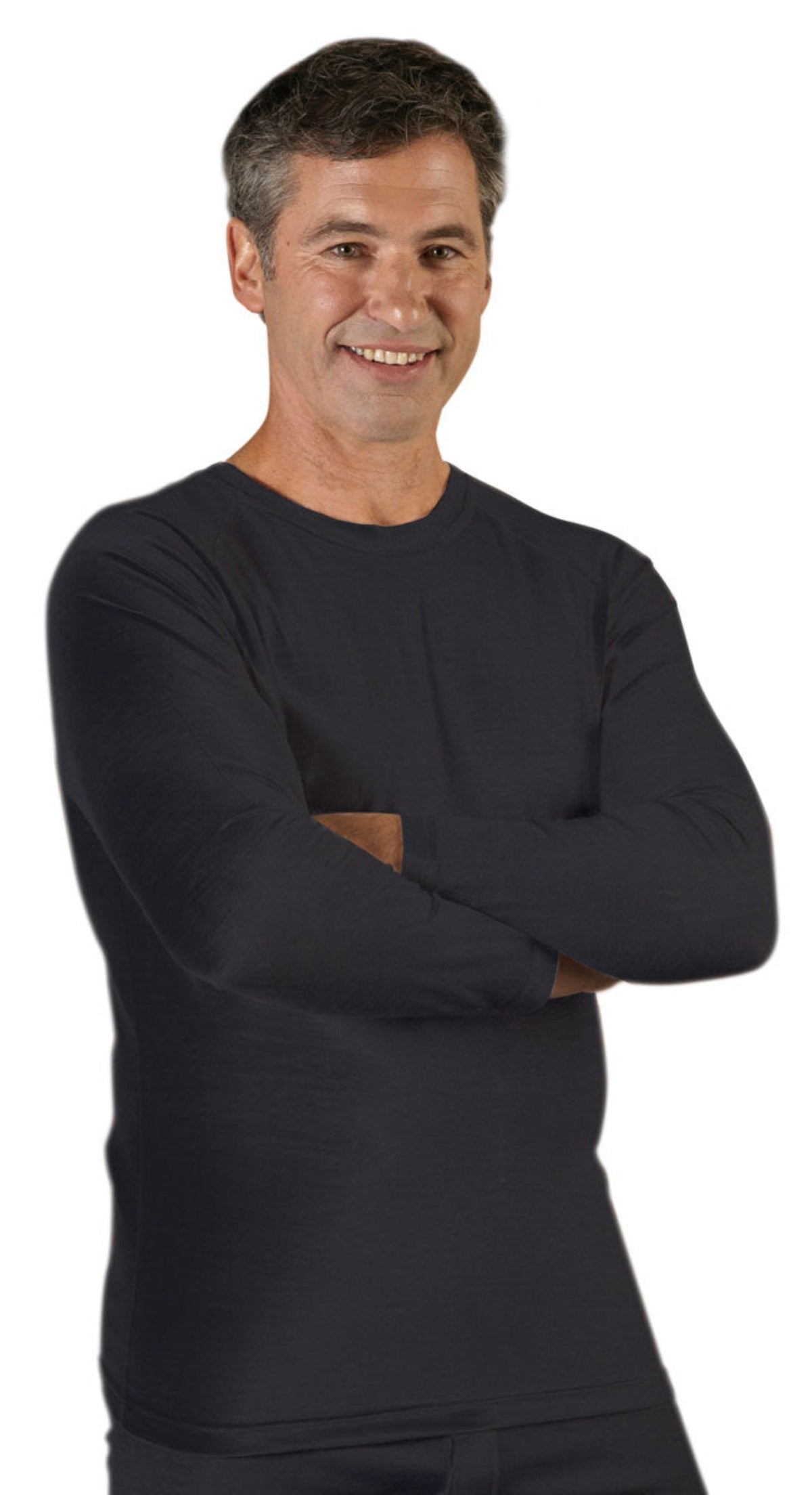Man wearing a merino black long-sleeve shirt on a white background