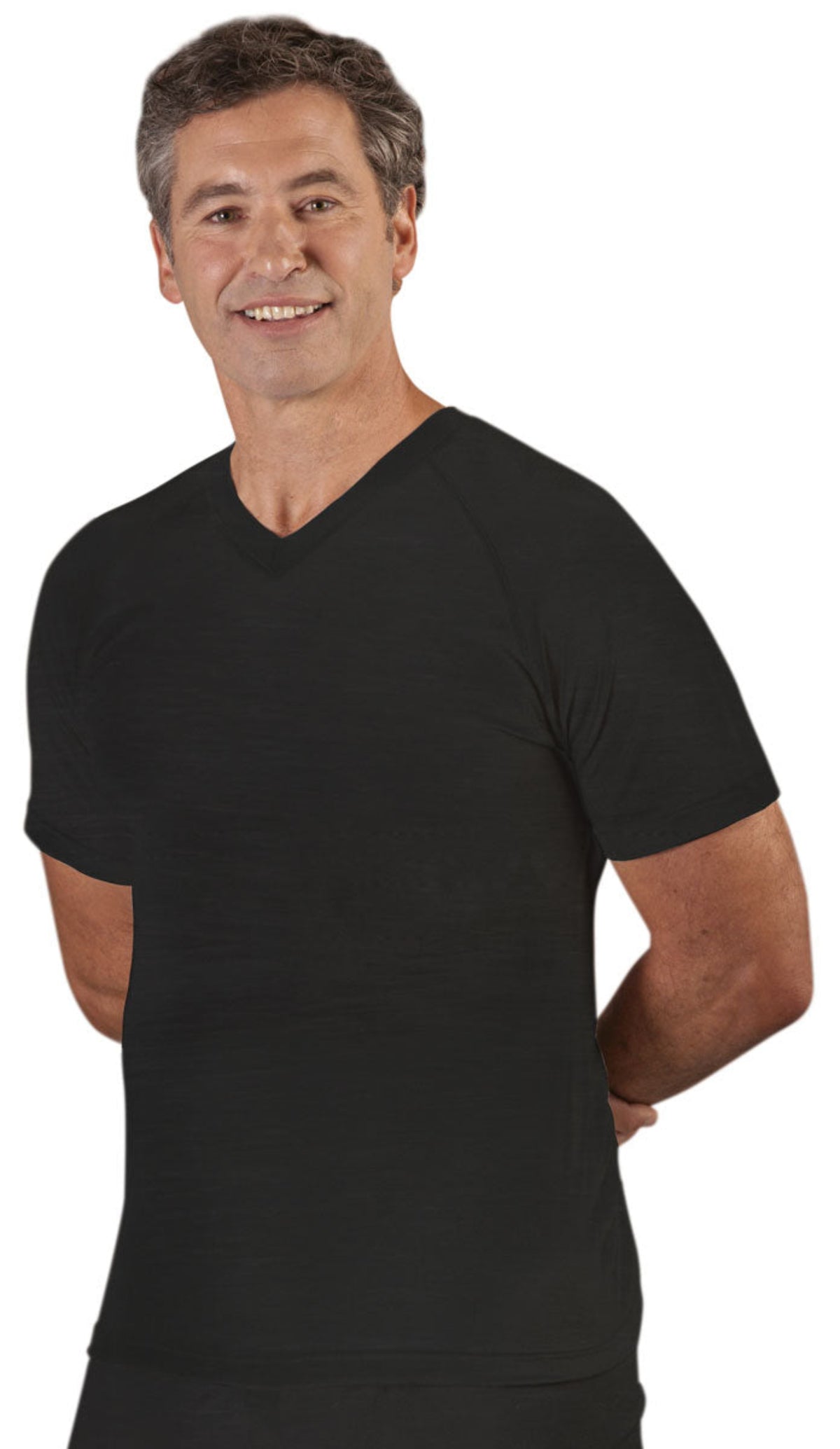 Superfine merino Man wearing a black t-shirt on a white background