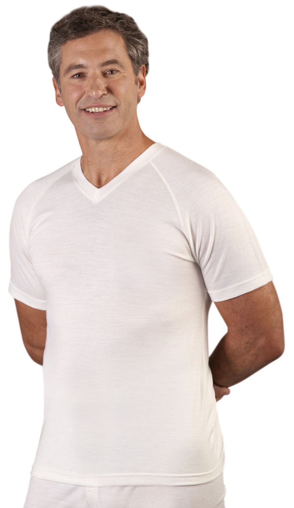 Superfine merino man wearing a white V-neck t-shirt on a white background
