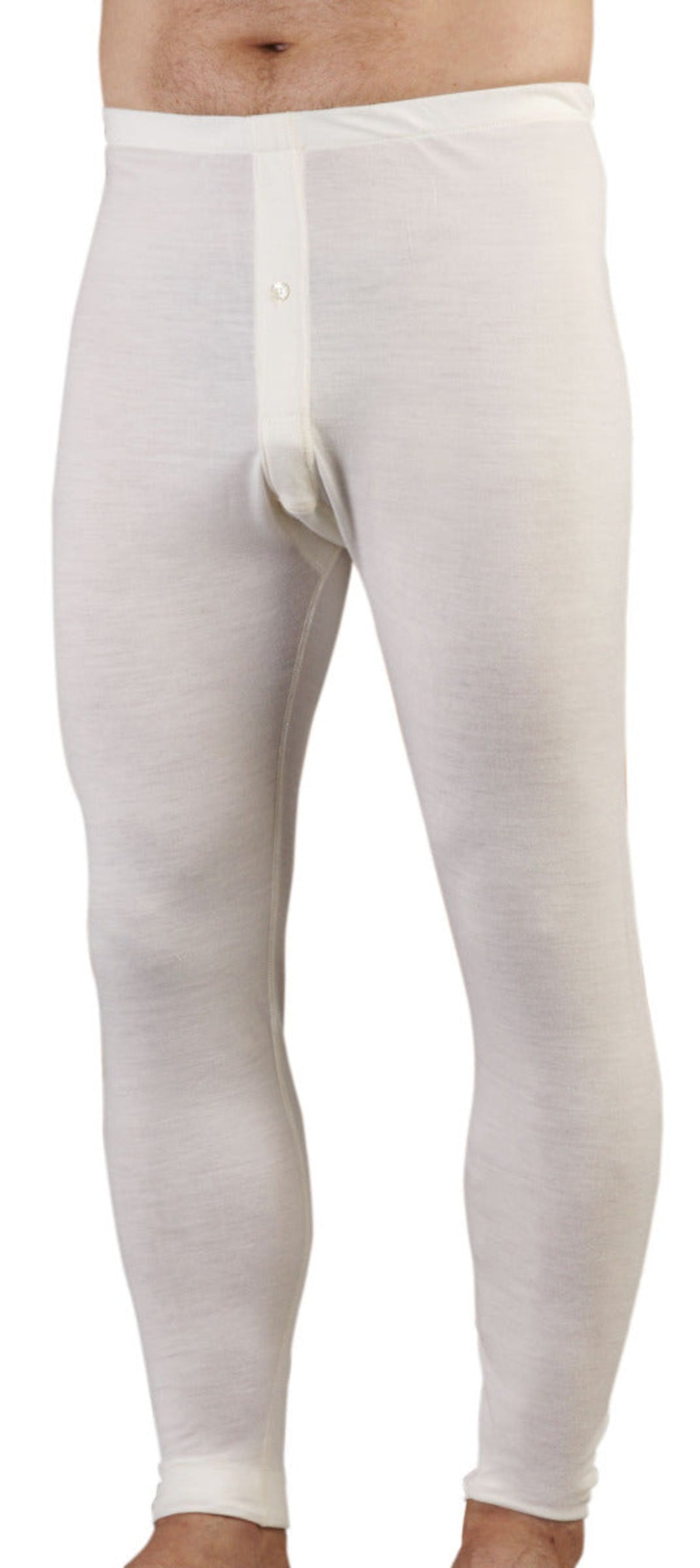 Super fine merino leggings White thermal underwear worn by a person on a white background