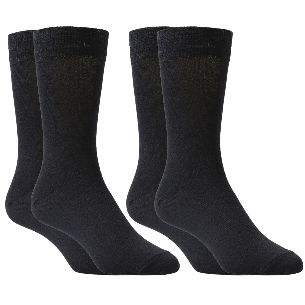 Four pairs of merino black socks arranged in two rows on a white background