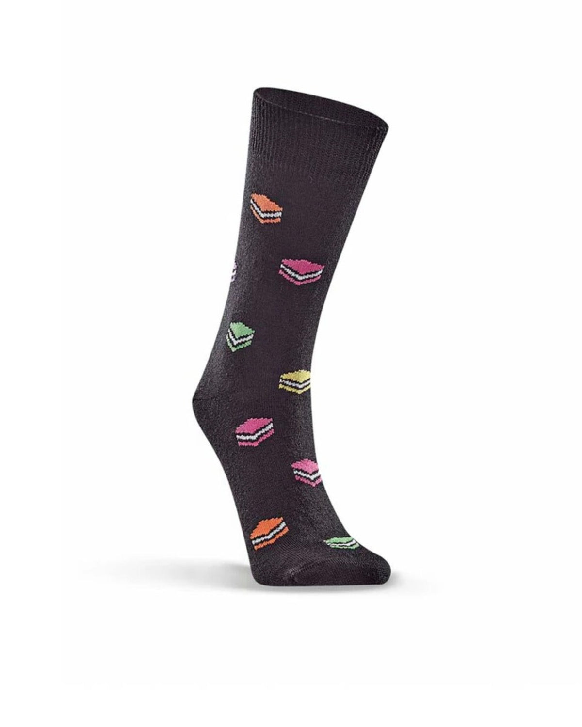 Black sock merino with colorful sandwich patterns on a white background