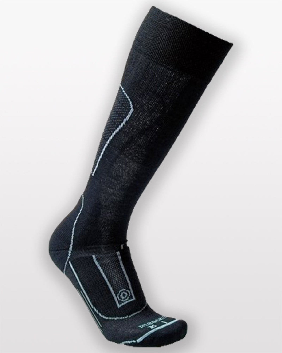 Black knee-high merino sock with white accents on a light gray background