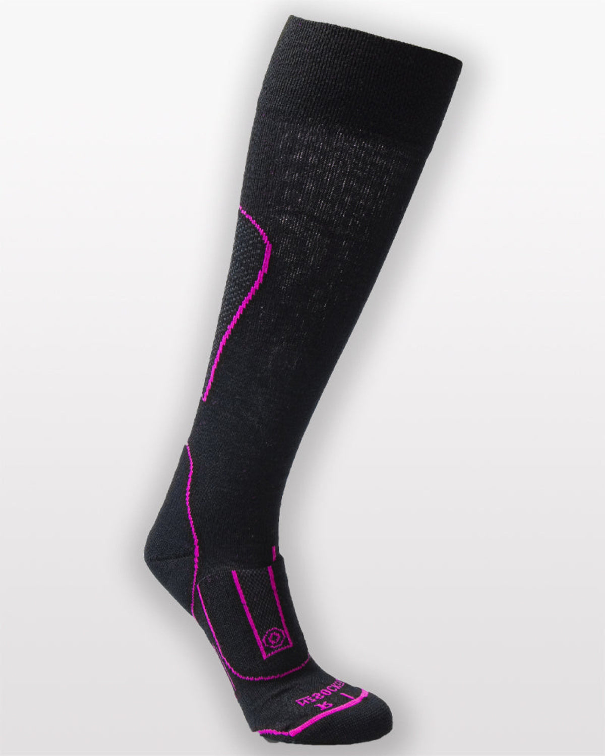 Black knee-high merino sock with pink accents on a white background