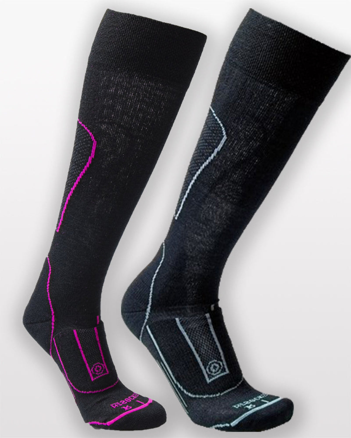 Two black socks merino with pink and white accents on a light gray background
