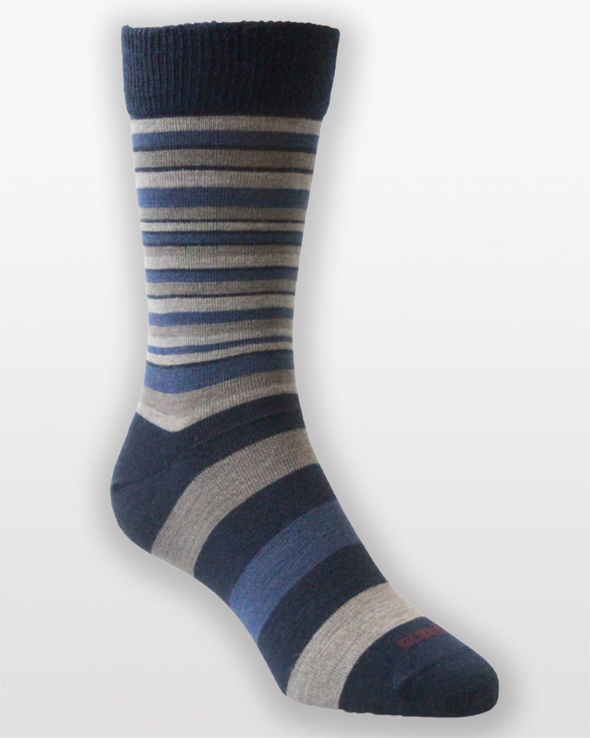 Navy and gray striped Merino wool sock on a light gray background