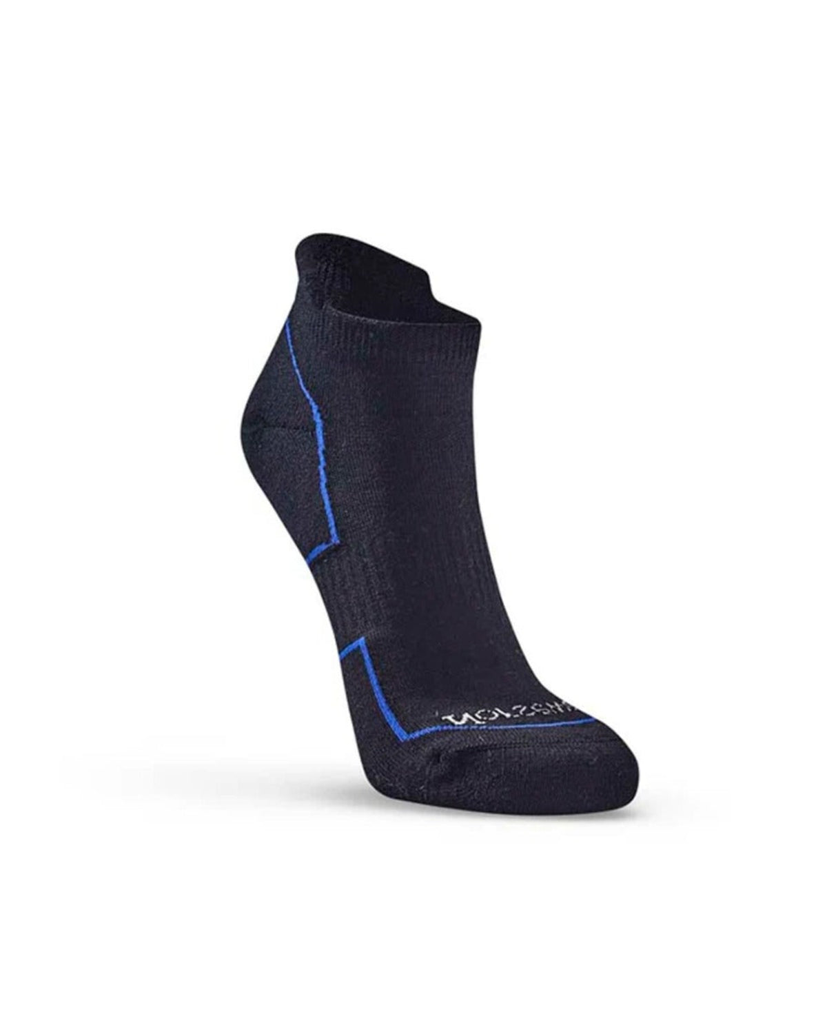 Black ankle sock with merino blue accents on a white background