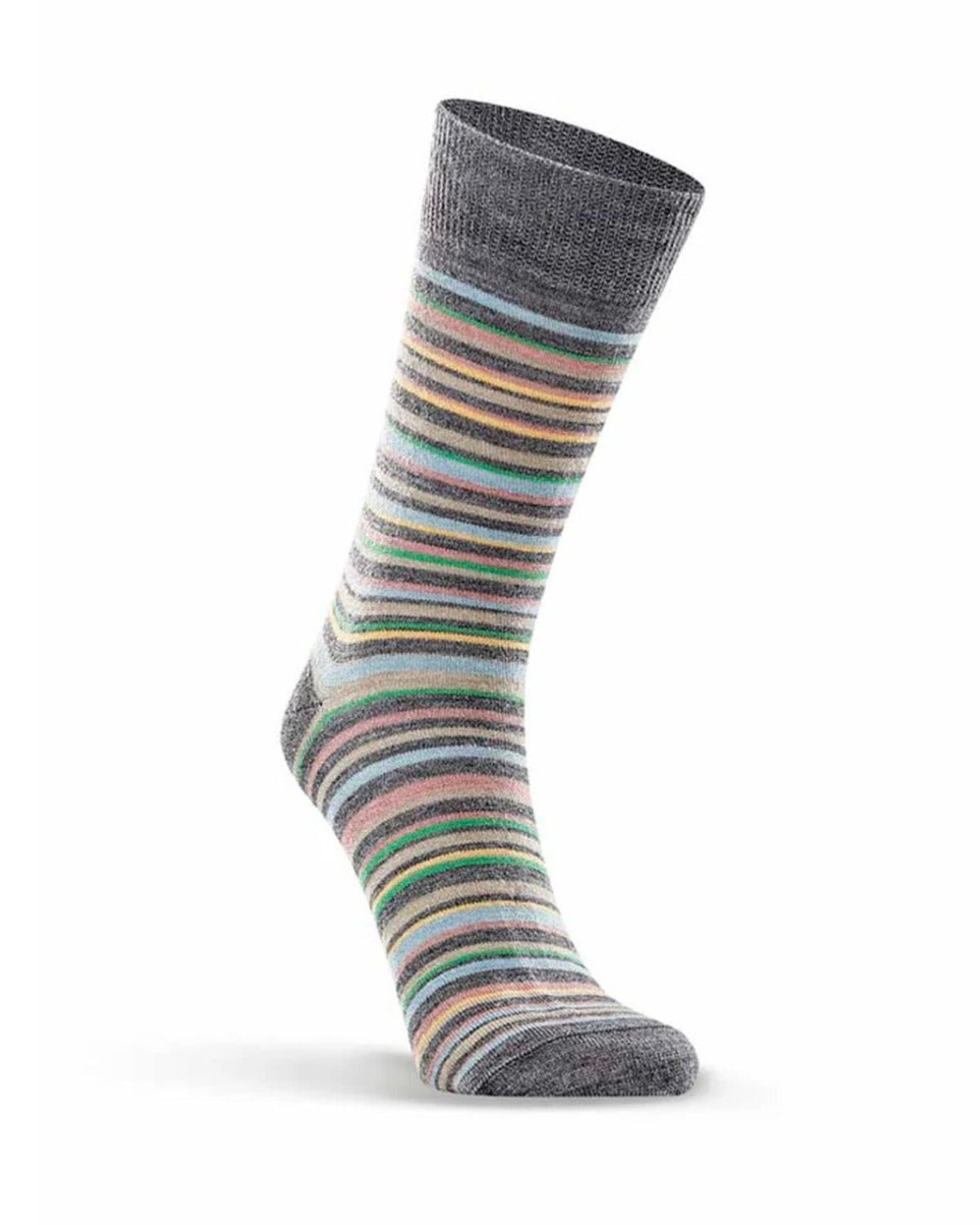 Multicolored striped Merino wool sock on a white background