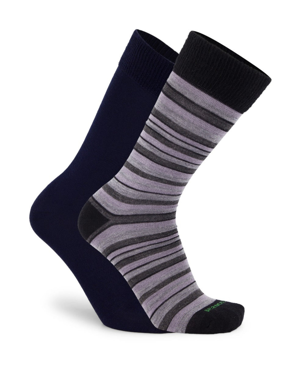 Two pairs of merino socks, one navy and one with gray and black stripes, on a white background.