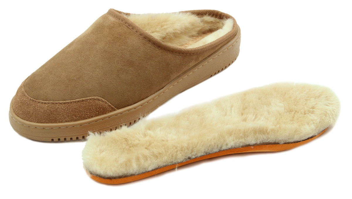 sheepskin clog Brown slipper with sheepskin lining on a white background